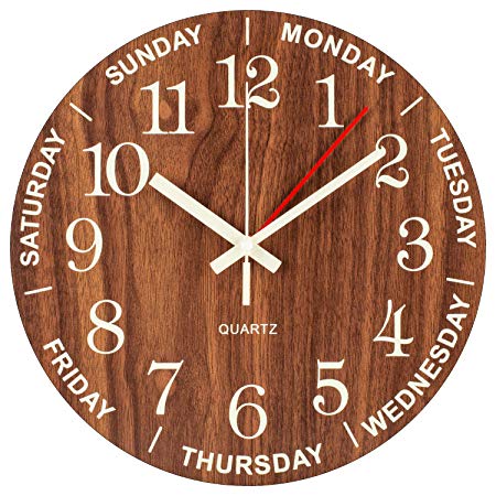 Night Light Wall Clock, Time of Day & Day of the Week Luminous Clock, Numerals Hands Glow In Dark, Silent Battery Operated Decorative Wooden Clock for Living room, Dining room, Kids Bedroom, Kitchen