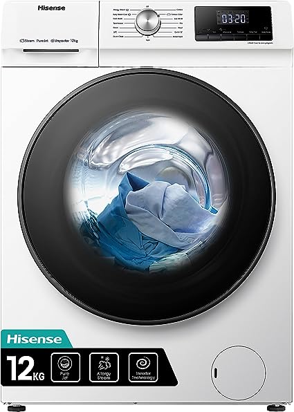 Hisense WFQA1214EVJM Freestanding 12 KG Front Load Washing Durable Inverter Machine Steam Wash Quick Wash 15 Washing Programs 1400 RPM White Energy Rating A