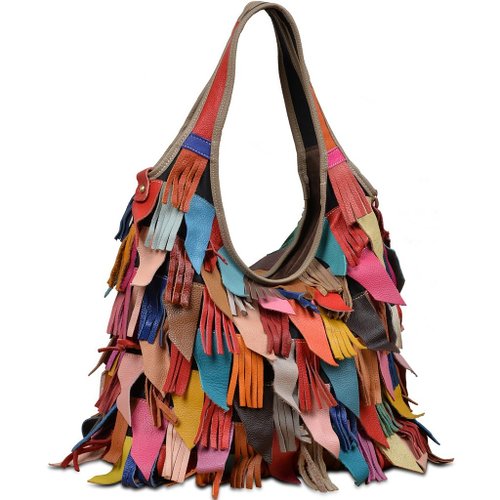 Yaluxe Women's Genuine Leather Multicoloured Hippie Fringe Tassel Hobo Top Handle Bag