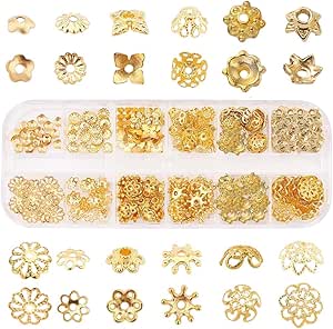 SUNNYCLUE 1 Box 240Pcs Metal Bead Caps 12 Different Flower Bead Ends Filigree Petal Brass Bead Caps Alloy Beads Spacer Accessories with Clear Box for Jewelry Making, Golden