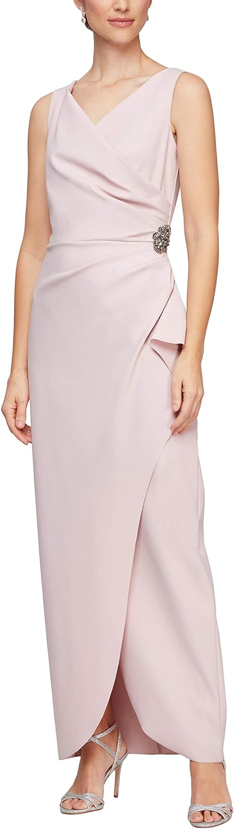 Alex Evenings Women's Slimming Long Side Ruched Dress with Cascade Ruffle Skirt