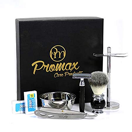 ProMax Double Edge Safety Razor With Shaving Brush,Shaving Brush and Safety Stand, Straight Edge barber Razor and Shaving Soap Bowel ,Wet Shave Kit With 20 Derby Blades-Chrome Finish 4 inch Long Handle Rust free and Unbreakable-Complete Mens Shaving Kit-300-10001