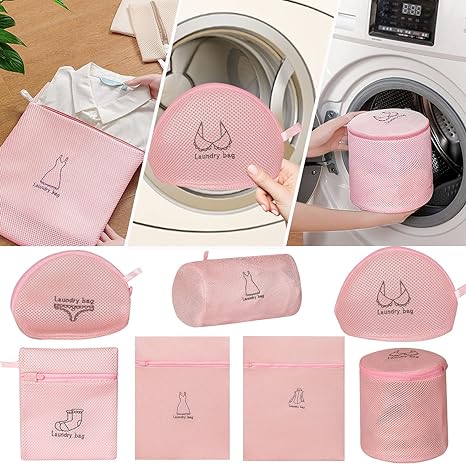 7Pcs Mesh Laundry Bags for Delicates with Zipper, Travel Storage Organize Bag, Clothing Washing Bags for Laundry, Blouse, Bra, Hosiery, Stocking, Underwear, Lingerie (Pink)
