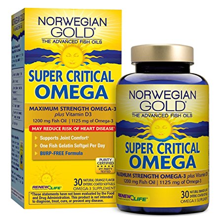 Norwegian Gold - Super Critical Omega - Omega 3 fish oil supplement - burpless - brain heart and joint health - 30 softgel capsules - a Renew Life brand