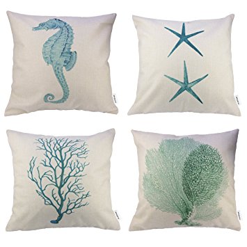 4 Packs Hippih Cotton Linen Sofa Home Decor Design Throw Pillow Case Cushion Covers 18 X 18 Inch ,1x Starfish   1x Seahorse   1x Coral   1x Branch