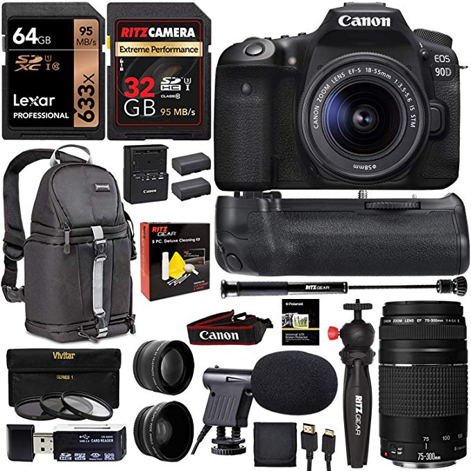 Canon 90D DSLR Camera with 18-55mm and 75-300mm Lenses Plus Power Grip, Lexar 64GB U3 Video & Ritz Gear 32GB Memory Cards, Sling Bag, Tripod, Monopod, Cleaning kit Bundle