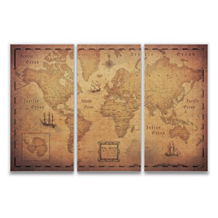 Map with Pins - World Travel Map - Conquest Maps. Golden Aged Style Push Pin Travel Map Cork Board, Track Your Travels Pinable Canvas Map with Cork Backing, Internal Framed (54 x 36 Inches (3 Panel))