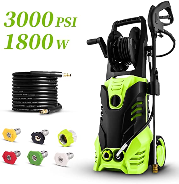 Homdox 3000PSI Electric Pressure Washer, Max Pressure 1.8GPM High Power Washer Reel Style Cleaner Machine with 1800W Rolling Wheels & 5 Interchangeable Nozzles