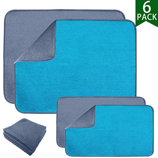 Jalousie 6 Pack Extra Large Microfiber Dish Drying Mat and Dish Drying Cloth - Two Largest Mat 24" X 18" - Two Medium Mat 18" X 9" - Two Microfiber Dish-wash Cloth