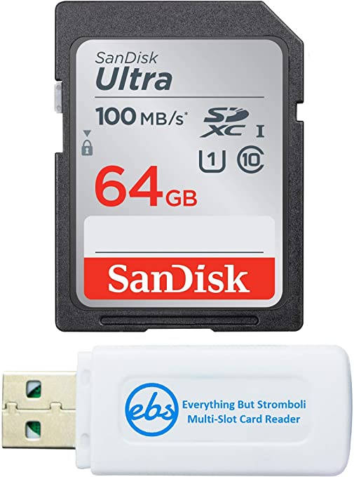 SanDisk 64GB SDXC SD Ultra Memory Card Works with Nikon D3500, D7500, D5600, D5200 Digital Camera Class 10 (SDSDUNR-064G-GN6IN) Bundle with (1) Everything But Stromboli Combo Card Reader