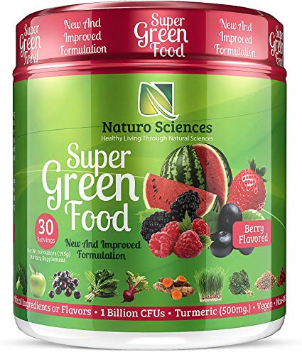 100% Natural Greens Powder, Over 10 Hard to Get Superfoods, Greens Supplement Powder 1 Month's Supply, Green Organic Blend with 1 Billion CFU Probiotics and 500mg Turmeric, Berry Flavor