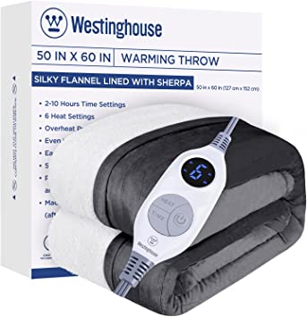 Westinghouse Electric Blanket Throw Heated Blanket with 6 Heating Levels and 2-10 Hours Time Settings, Flannel to Sherpa Super Cozy Heated Blanket Machine Washable, 50x60 inch, Charcoal