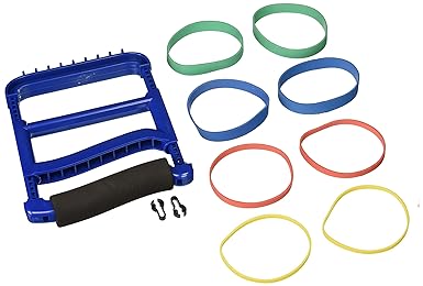 Rolyan Ergonomic Hand Exerciser with Padded Handle, Adjustable Squeeze Tool, 4 Pairs of Rubber Bands for Progressive Resistance, Improves Hand Grip Strength in Fingers, Hand, & Thumb, Blue