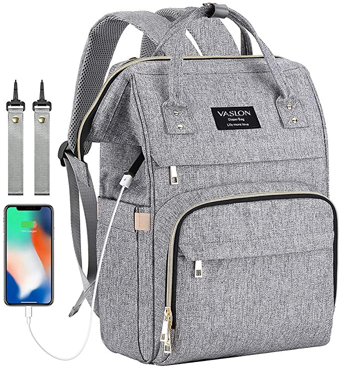 Diaper Bag Backpack, Large Baby Bag, Comes With Diaper Mat Multi-functional Travel Back Pack, Anti-Water Maternity Nappy Bag Changing Bags with Insulated Pockets Stroller Straps and Built-in USB Charging Port, Gray