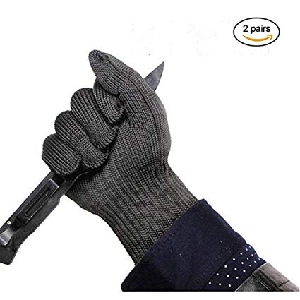 Inf-way EN388 2 Pairs of Black Stainless Steel Wire Mesh Cut Resistant Gloves Level 5 Protection Anti-slip Anti-abrasion Chain Saw Safty Working Kitchen Gloves