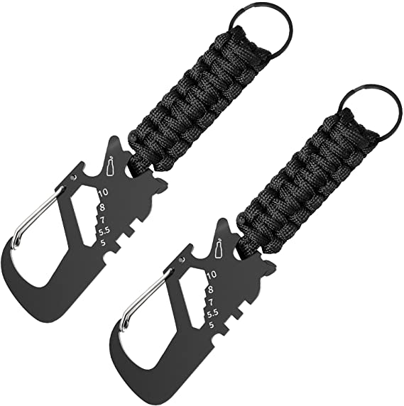 MoKo Paracord Keychain with Carabiner 2-Pack, Braided Lanyard Ring Hook Clips Hangers for Keys Flashlight, Outdoor Survival Tool with Bottle Opener Screw Wrench for Camping Hiking, Black