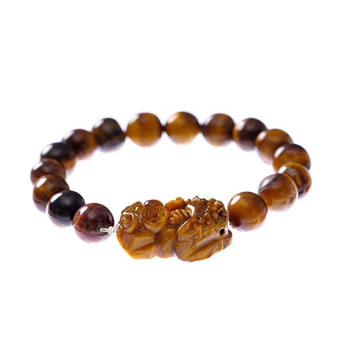 Prime Fengshui Porsperity Feng Shui 10mm Tiger Eye Stone Beads Elastic Bracelet with Pi Xiu/Pi Yao Attract Wealth and Good Luck