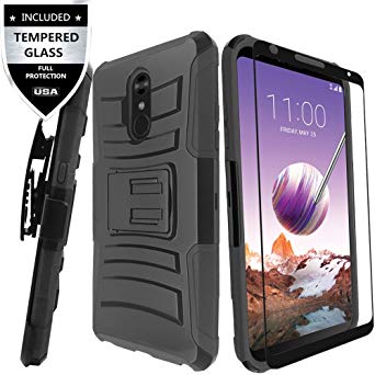 LG Stylo 4 Case With Tempered Glass Screen Protector,IDEA LINE Heavy Duty Armor Shock Proof Dual Layer Holster Locking Belt Swivel Clip with Kick Stand - Black