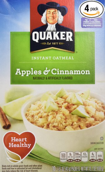 Quaker Instant Oatmeal, Apples & Cinnamon, Breakfast Cereal, 10 Packets Per Box (Pack of 4)