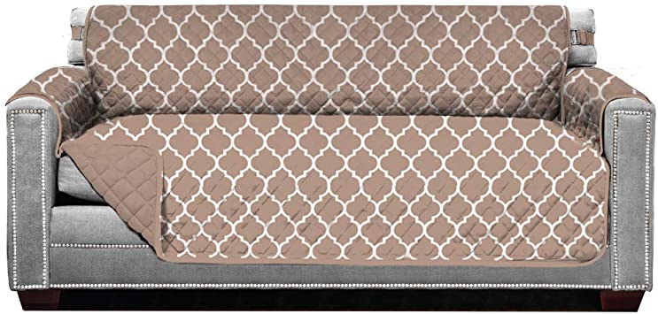 Sofa Shield Patent Pending Sofa Slipcover, Reversible Easy Fit, Tear Resistant Microfiber Furniture Protector with Straps, Soft Durable Couch Cover, Pet Dogs, Kids, 62" Seat Width, Quatrefoil Mocha