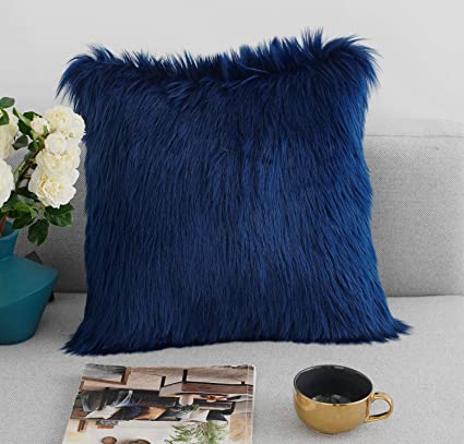 Foindtower Mongolian Plush Faux Fur Square Decorative Throw Pillow Case Cushion Cover New Luxury Series for Livingroom Couch Sofa Nursery Bed Home Decor 20x20 Inch Dark Blue