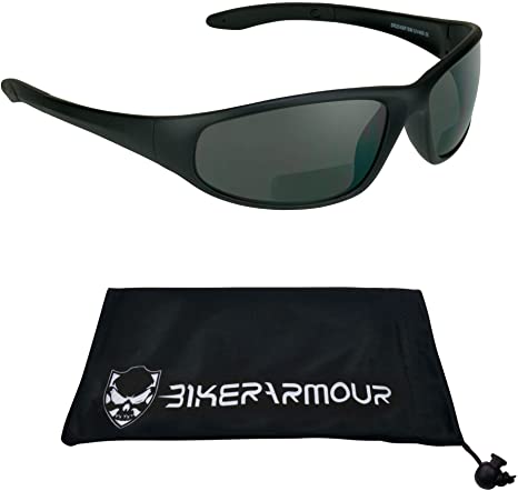 Bikershades Motorcycle Wraparound Bifocal Sunglasses 1.50 with ANSI Z87.1 Safety Smoke Lens for Men and Women - Free Microfiber Cleaning Case. Puma/SMK/1.5