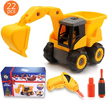 Voiinoiu DIY Take Apart Toys for 3 4 5 6 7 Year Old Boys Girls with Drill Tool,Children Plastic Mini Excavator Assembly Engineering Car Play Vehicles,Gift for Kids (Yellow)