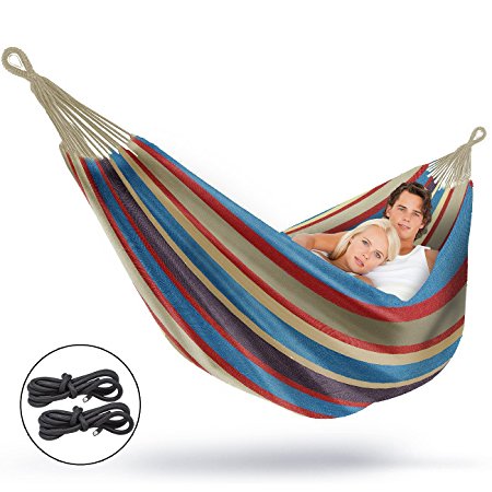 Sorbus Brazilian Double Hammock - Extra-Long Two Person Portable Hammock Bed for Indoor or Outdoor Spaces - Hanging Rope, Carrying Pouch Included (Blue/Sand/Purple/Red Stripes)