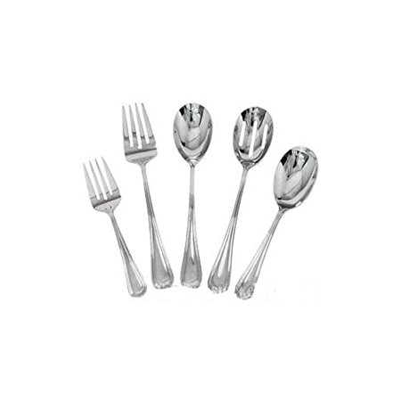 Complete Elegant Regency Line 5-Piece Flatware Serving Set, Utensil Serving Set, Buffet Banquet Serving Spoons (RE-115), Serving Forks (RE-119), 18/8 Gauge Stainless Steel, Stainless Steel Oval Platter (OP-16)