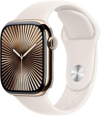 Apple Watch Series 10 (GPS   Cellular 42 mm) Smartwatch mit Titangehäuse in Gold und Sportarmband in Polarstern (S/M). Fitnesstracker, EKG App, Always-On Retina Display, Wasserschutz