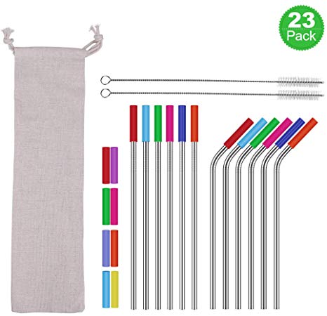 Stainless Steel Straws,Set of 12 FDA-Approved Reusable Drinking Straws for 20oz Tumbler, 8.5" Metal Straws with 20 Soft Silicone Tips,4 Cleaning Brushes(6 Bent 6 Straight)