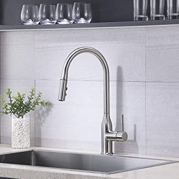 Casilvon Modern Single Handle Brushed Nickel Pull Out Sprayer Kitchen Faucet,Stainless Steel High Arc Kitchen sink Faucet WYJS003L