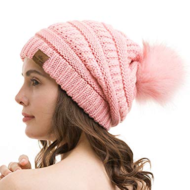 PAGE ONE Womens Fleece Lined Slouchy Beanie Chunky Baggy Hat Fur Pompom Winter Soft Warm Cap