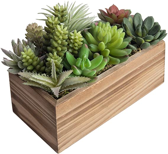 MyGift 8-inch Assorted Artificial Succulents in Coffee Colored Wood Planter Box