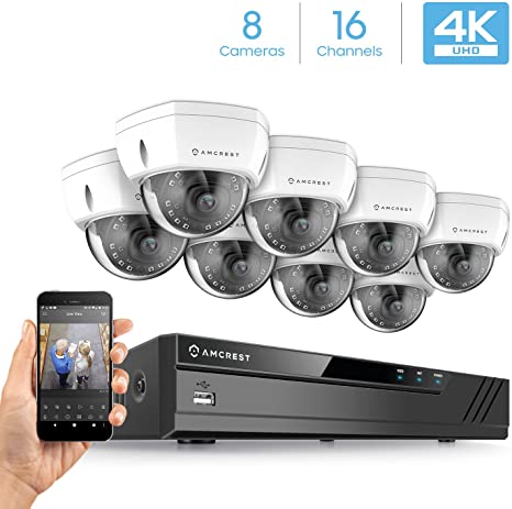 Amcrest 4K Security Camera System w/ 4K 16CH (8-Port PoE) NVR, (8) x 4K (8-Megapixel) IP67 Weatherproof Metal Dome POE IP Cameras (3840x2160), 2.8mm Wide Angle Lens, NV4116E-HS-IP8M-2493EW8 (White)