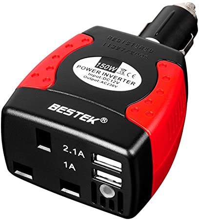 BESTEK MRI1513U-UK PLUG 150 W Power Inverter Car Laptop Charger DC 12V to AC 230V 240V Converter Adapter with 3-Pin Plug and Dual USB Ports