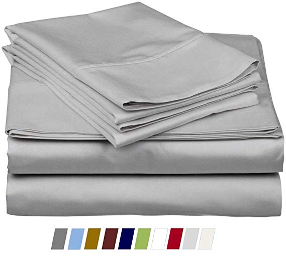Percale Cotton Bed Sheets, 4 Pieces Sheet Set 100% Cotton - Easy Fit 400 TC, Breathable & Crisp Bedding Sheet Set Fits Upto 15 Inches Deep Pocket Mattress, Size: Queen, Color: Light Grey Solid