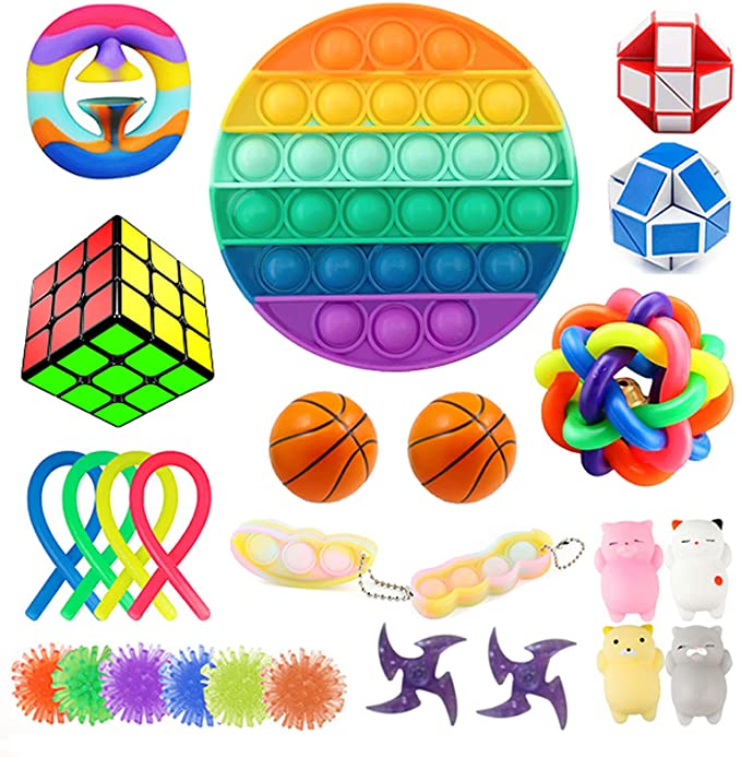 Fidget Pack, 26pcs Pop it Fidget Toy Pack,Relieves Stress & Anxiety Fidget Packs to Children & Adults, Sensory Toys Include Stress Balls、Mochi squishys、Push Pop Bubble、3x3 Speed Cubes，etc.(Red)