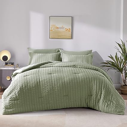 CozyLux Twin Bed in a Bag Sage Green Seersucker Textured Comforter Set with Sheets 5-Pieces for Girls and Boys - Bedding Sets with Comforter, Pillow Sham, Flat Sheet, Fitted Sheet, Pillowcase