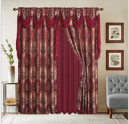 Sapphire Home Jacquard Window 84 Inch Length Curtain Drapes w/Attached Valance Scarf   Sheer Backing   2 Tassels, Traditional 84" Floral Curtain Drape for Living/Dining Rooms, Rod Pocket - Burgundy