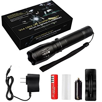 Flashlight LED Aluminum CREE XML T6 Rechargeable Portable Outdoor Water Resistant Torch with Adjustable Focus Zoomable,5 Modes for Camping,Hunting,Hiking,Tactical Flashlight etc