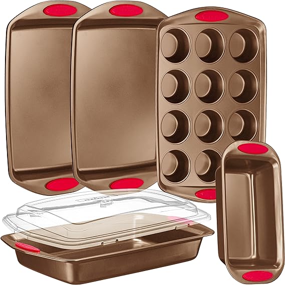 NutriChef 6-Piece Baking Pan Set - PFOA, PFOS, PTFE Free Flexible Nonstick Golden Coating Carbon Steel Bakeware - Professional Home Kitchen Bake Cookie Sheet Stackable Tray w/Red Silicone Handles