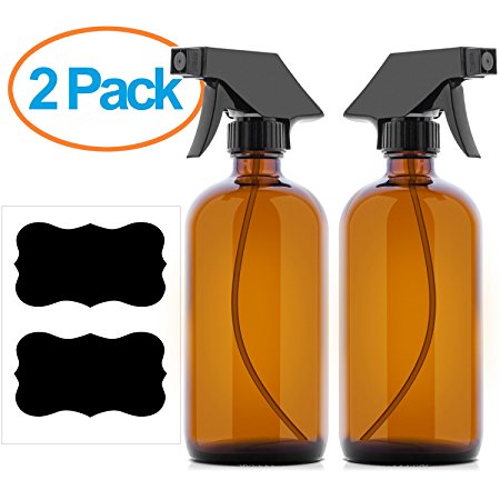 Culinaire 16 oz Empty Amber Glass Spray Bottles with Labels (2 Pack) - Refillable Container Ideal For Essential Oils Cleaning Products or Aromatherapy