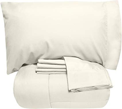 Sweet Home Collection 7 Piece Comforter Set Bag Solid Color All Season Soft Down Alternative Blanket & Luxurious Microfiber Bed Sheets, Full, Ivory