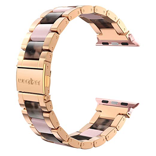 Wearlizer Tortoise Pink Resin Compatible with Apple Watch Band 38mm 40mm iWatch Womens Replacement Stainless Steel Classic Strap Wristband Bracelet Metal Clasp Series 4 3 2 1 Edition-Dark Rose Gold