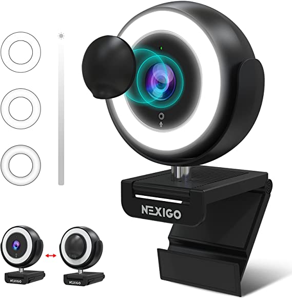 1080P Webcam with Ring Light and Software Control, 2021 NexiGo N660E Streaming Web Camera, Adjustable Brightness, Privacy Cover, Dual Noise Reduction Mics, for Zoom Skype Teams, Black