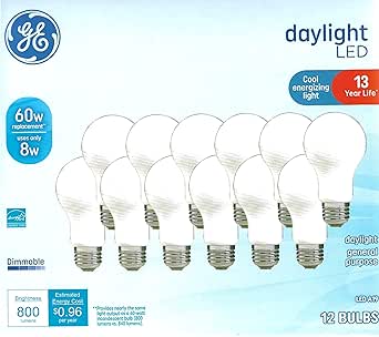 GE Daylight LED Light Bulbs, 8 Watt (60 Watt Equivalent) Cool Energizing Light, Standard Bulb Shape, Medium Base, Dimmable (12 Pack)