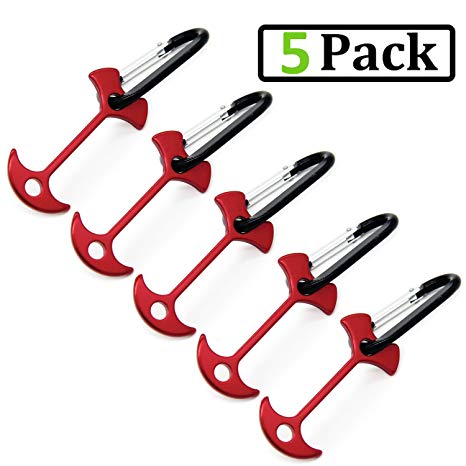 AVESON Pack of 5 Aluminum Alloy Anchor Shape Deck Plank Board Tent Stakes Wind Rope Hook Cord Buckle Tent Pegs with Carabiners for Outdoor Camping Hiking