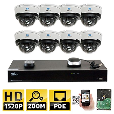 GW Security 8CH H.265 4K NVR 4-Megapixel (2592 x 1520) 4X Optical Zoom Network Plug & Play Video Security System, 8pcs 4MP 1520p 2.8-12mm Motorized Zoom POE Weatherproof Dome IP Cameras