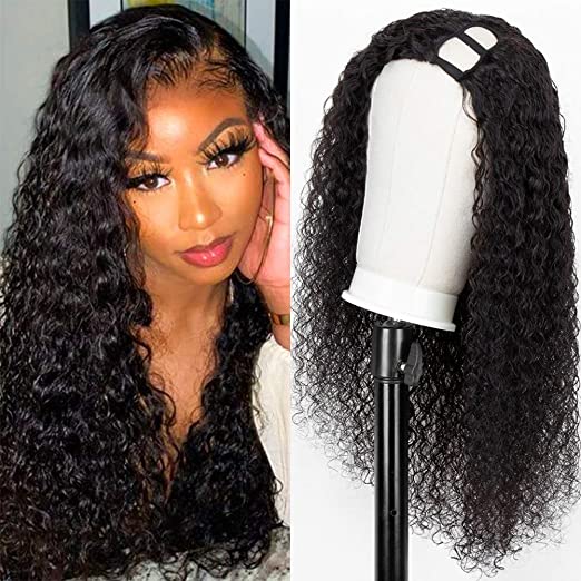 Persephone Left U Part Wig Brazilian Deep Wave Curly Human Hair Half Wigs for Black Women Glueless None Lace Front Side Part Machine Made Wigs 150% Density Natural Color 10 Inch